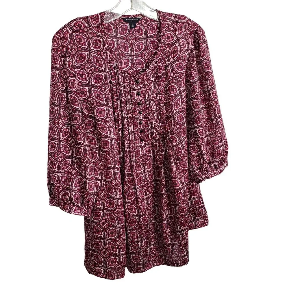 Banana Republic Size XL Blouse Half Button Peasant Puff Sleeve Pullover Maroon